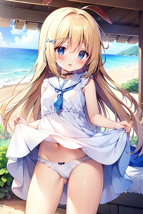 (masterpiece:1.2), best quality, highres, original, extremely detailed wallpaper, perfect lighting,(extremely detailed CG:1.2), a trap wears white sailor dress, solo, blond hair and blue eyes, cute anime face, hold gun, (panties:1.25), {wind blows the dres...