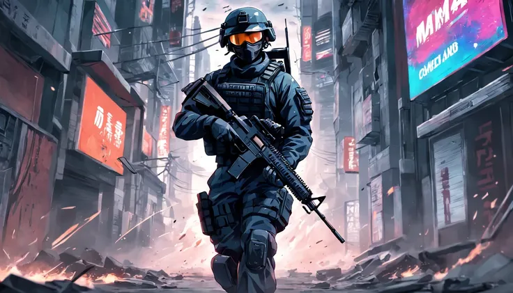 a cyber high tech runing soldier holding a m416 rifle, call of duty poster text behind the soldier, warzone style