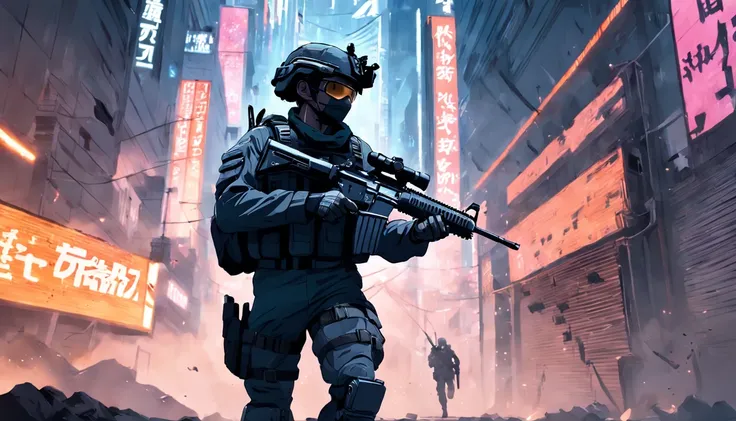 a cyber high tech runing soldier holding a m416 rifle, call of duty poster text behind the soldier, warzone style