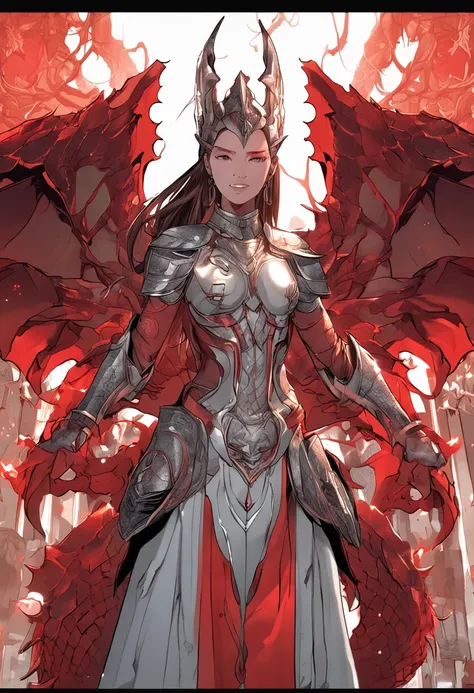 (Masterpiece), Wear full Red Dragon armor, Top quality, Expressive eyes, Perfect face, Red skin, Scales on the legs and arms, Dragon woman, Light magic, Fireball palm spell, 8K_the wallpaper, highly details eye, The body details are very high, very detaile...