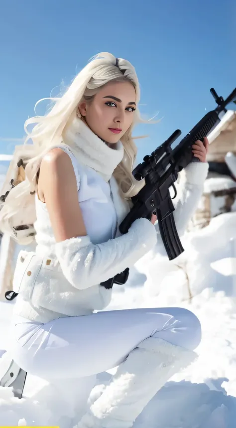 Close-up of a beautiful woman holding a gun in the snow, cabellos largos dorados，looking to the camera，smooth white tight clothes suit, with rifle, with pistol, dilraba dilmurat, m4 sopmod ii girls frontline, jia, with a white muzzle, photoshoot poses, 🕹️ ...