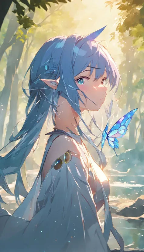 ((1girl, solo)), masterpiece, superlative, portrait, hyperdetail, illustration, close-up, gorgeous background, straight shot, blue hair, purple eyes, (focus on face), looking into the distance, forest, sun, wind, butterfly, studio lighting, horizontal axis...