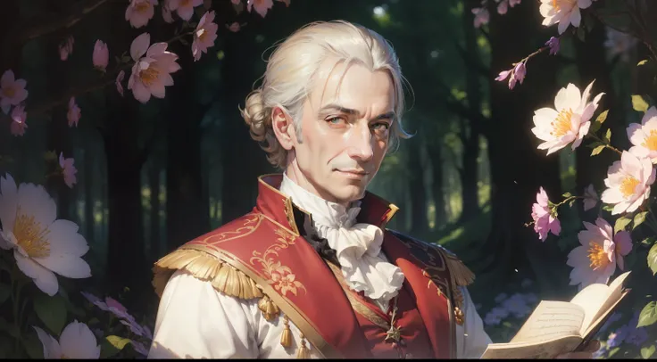 ((top quality, masterpiece)), comic art, concept art, watercolor, (((2 men)), Fate Of Grand Order, Antonio Salieri, Wolfgang Amadeus Mozart, forest, blooming flowers, sunlight, fantastic light and shadow, landscape, highly detailed face, portrait, smile, p...