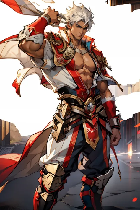 Highest image quality，male people，child，1 boy，Young and handsome，shoun，White color hair，Short flat top hair，Dark  skin，anime big breast，anime wallpaper，Solo，malefocus，Briefs，Dilation of the pectoral muscles，Red cape，Bulging crotch，Urban background，Sexy,(Ma...