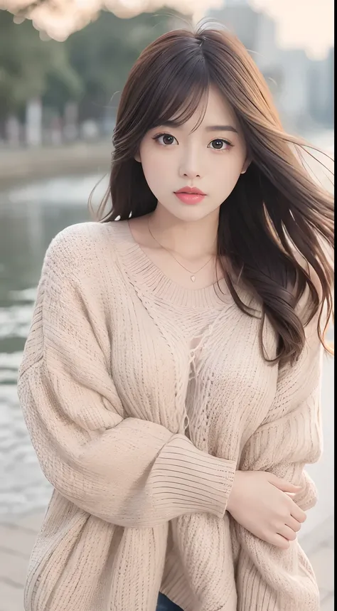 1girl walking on the river, mix4, sweater, pillow, lips, open_mouth, realistic, photo_(medium), solo, stuffed_animal, stuffed_toy, teddy_bear, (masterpiece), (realism: 1.3), super detailed, (High detail skin: 1.2), (Best quality: 1.0), (Ultra resolution: 1...