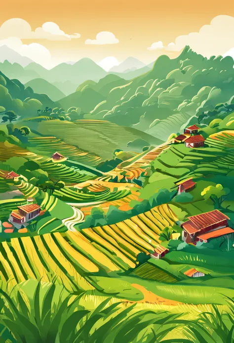 Country-by-country atmosphere，Idyllic countryside，Tranquility and serenity，Fresh and natural，The figure of cultivation，Green Mountains and Green Water，Village trail，A ray of sunlight shines through the mottled leaves，The rice fields are golden，The villager...