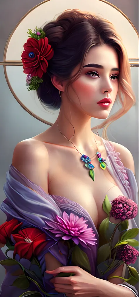 Una pintura de una mujer con flores en el pelo, Pintura de bello, Hermosa pintura digital, gorgeous digital painting, exquisite digital illustration, Arte de pintura digital, Elegante pintura digital, Hermoso arte UHD 4 K, Magnificent digital art, Hermosa ...