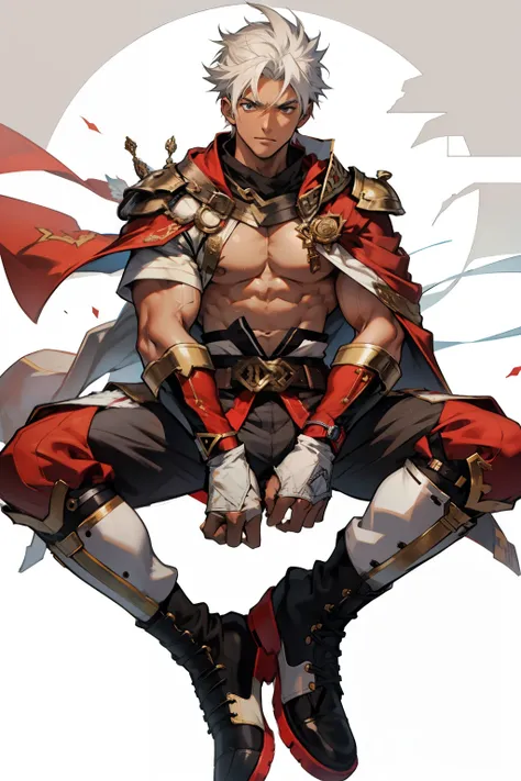 Highest image quality，male people，child，1 boy，Young and handsome，shoun，White color hair，Short flat top hair，Dark  skin，anime big breast，anime wallpaper，Solo，malefocus，Briefs，Dilation of the pectoral muscles，Red cape，Bulging crotch，Urban background，spread t...