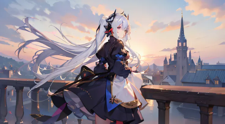 masutepiece, Best Quality, High quality, masutepiece, High quality, Best Quality, high details,  One girl, Fantasy, Blue Dress, White hair, Medieval townscape, landscapes, the hair flutters with the wind, Twin-tailed, Looks Back