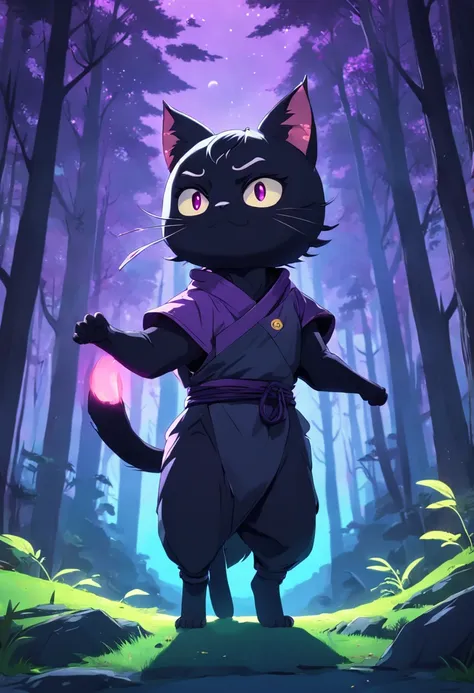 Create a vibrant dark fantasy cute ninja cat in a concise minimalist cartoon style with a beautiful forest and bright purple moon background, octane rendering, 8K --auto --s2