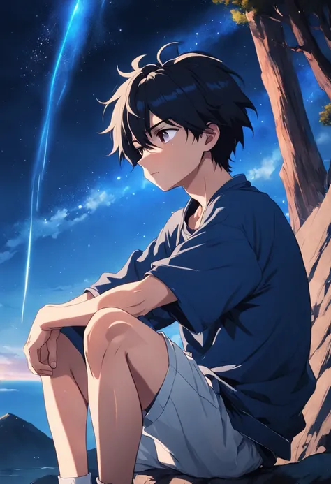 A black hair, ahoge, sleepy, sulking, anime, anime style, chiaroscuro, depth of field, motion blur, UHD, high details, high quality, Highres Side Face Close-up of boy sitting on a cliff with a clear blue starry sky in the background