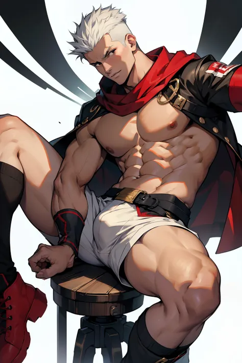 Highest image quality，male people，child，1 boy，Young and handsome，shoun，White color hair，Short flat top hair，Dark  skin，anime big breast，anime wallpaper，Solo，malefocus，Briefs，Dilation of the pectoral muscles，Red cape，Bulging crotch，Urban background，spread t...