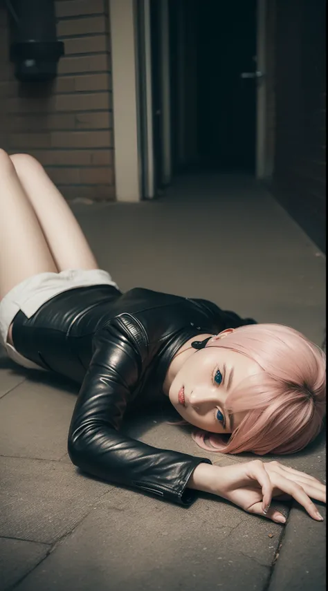 Best unified CG wallpaper，Pink-haired woman，watered eyes，The skin texture is perfectly depicted，Leather clothes，Spider-Man lying on the ground，Cinematic light，