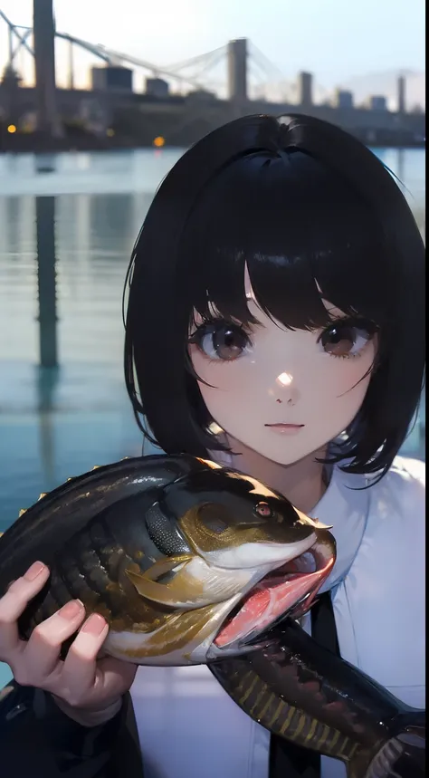 ((((Catch a big black bass by the lake:1.5)))),((1 female 28 years old)),((Best Quality:1.5)),(((Hands with the correct number and structure of fingers:1.4))),hight resolution,ultra-detailliert,​masterpiece,best qualtiy,Short bob hair,Black hair, long eyes...