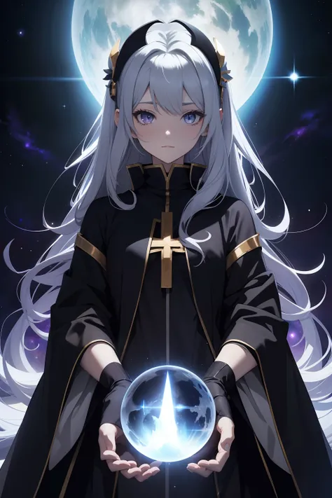 1 Beautiful Anime Hera Priest, Black priest robe, detaileds, Ray tracing, Space background, Perfect, ultra high detailed, Highly detailed face, sankta. Halo、Darkness Fall