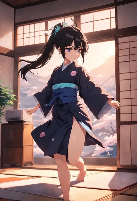 anime girl wearing hakama, tabi sock, Japan style room dancing 4k