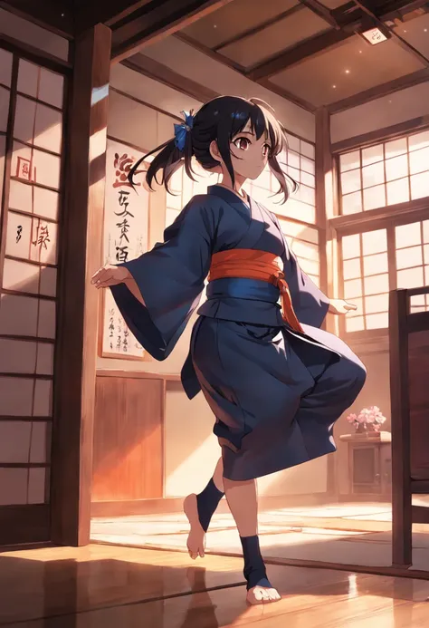 anime girl wearing hakama, tabi sock, Japan style room dancing 4k