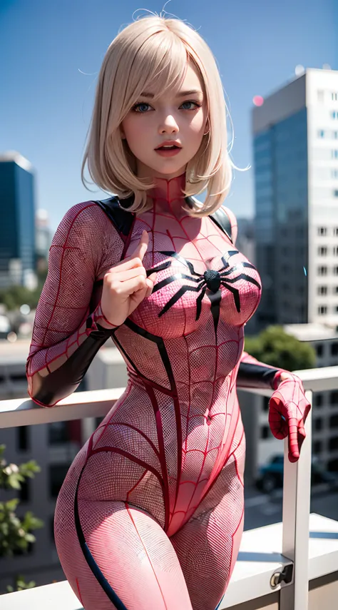 Margot Robbie（tmasterpiece，4K分辨率，Ultra photo realsisim，The is very detailed），（White superhero theme，Glamorous，There was a girl at the top of town，Wearing a pink Spider-Man costume，she is a superhero），[（25 age old），pink leotard（Long gray hair：1.2），Pink all ...