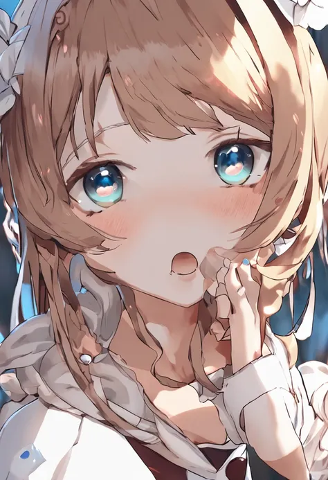 light brown hair, mole under mouth, maid headdress, shiny hair, hime cut, heart-shaped pupils, wince, tears, aqua eyes, crying with eyes open, kemonomimi mode, open mouth, shy, blush, sleepy, sad, tongue out, pain, crying, unconscious, moaning, heavy breat...