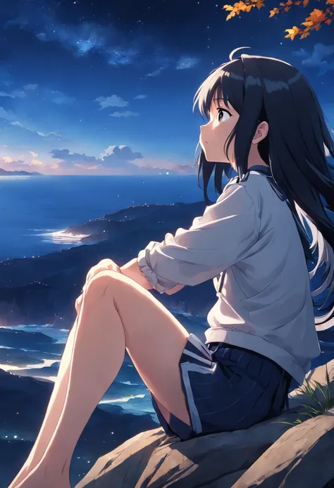 A black hair, ahoge, sleepy, sulking, anime, anime style, chiaroscuro, depth of field, motion blur, UHD, high details, high quality, Highres Side Face Close-up of high school students sitting on a cliff with a clear blue starry sky in the background