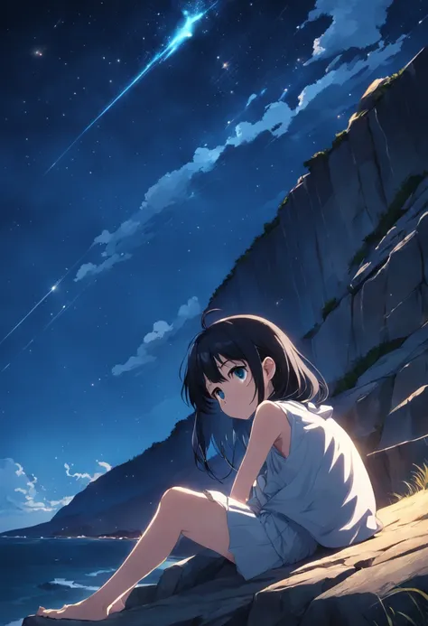 A black hair, ahoge, sleepy, sulking, anime, anime style, chiaroscuro, depth of field, motion blur, UHD, high details, high quality, Highres Side Face Close-up of high school students sitting on a cliff with a clear blue starry sky in the background