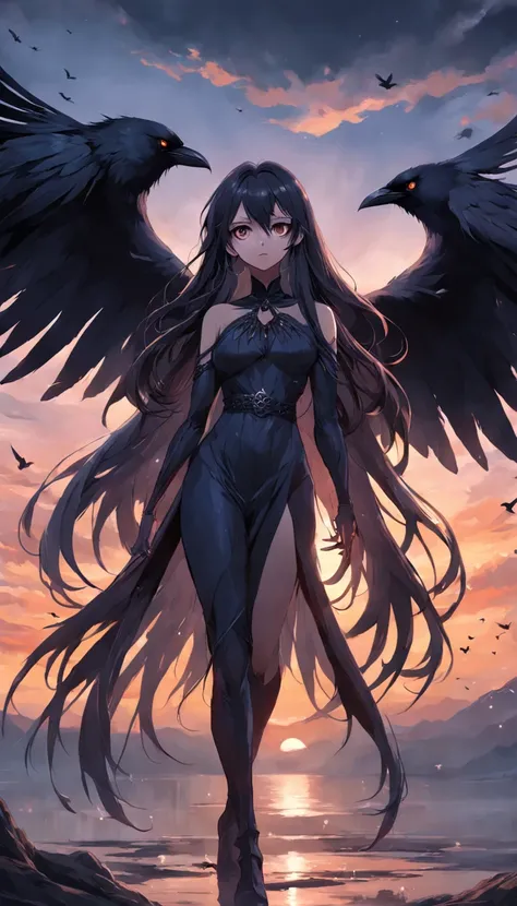 masterpiece, best quality, movie still, 1girl, monstergirl, crow woman, full body, portrait, detailed (eyes), long (hair), perfect body, proportional body, crow|raven wings, deep look, wearing (long dress and pants), close-up,  cold soft lighting, sunset, ...