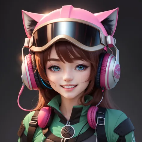 anime catgirl with a vibrant helmet and stylish headphones, youthful exuberance, beauty