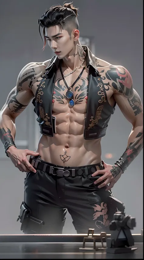 Wu Yifan，Model design，Character design，3D naked man，Tattoo on the chest，Tattooed with，GK, The whole body of the character，base，Wu Shixun，Raised sexy，（The whole body of the character），Handsome，musculous