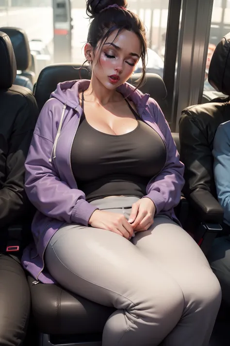 1 beautiful woman, large body, red lips, hair tied up in a bun, eyelids made up, gray T-shirt, jacket over T-shirt, lilac jacket, cleavage, black sweatpants, sneakers, sleeping sitting on the bus, mouth open, eyes closed