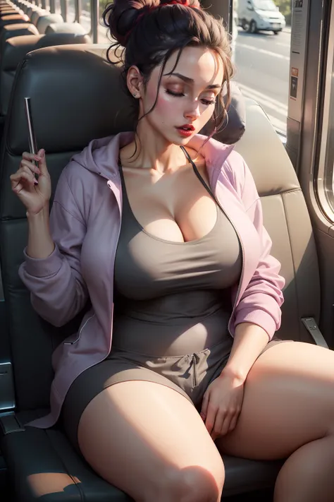 1 beautiful woman, large body, red lips, hair tied up in a bun, eyelids made up, gray T-shirt, jacket over T-shirt, lilac jacket, cleavage, black sweatpants, sneakers, sleeping sitting on the bus, mouth open, eyes closed