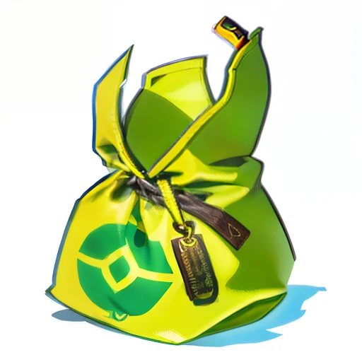 There is a bag of money icon，The round money bag is closed with a string，There is a magic rune on it,Used in anime games，in style of hayao miyazaki，Yellow-green