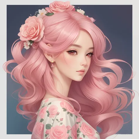 um desenho de uma mulher com cabelo rosa e rosas no cabelo, trending on artstration, Cabelo rosa, No estilo de arte de Bowater, a beautiful artwork illustration, Beautiful digital illustration, Estilo de desenho bonito, rosas no cabelo, cabelo rosa encarac...