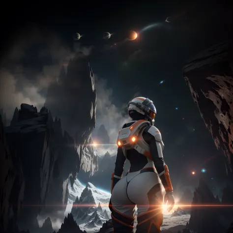 rear angle, Highly detailed RAW color Photo, Rear Angle, Full Body, of (female space soldier, wearing orange and white space suit, helmet, tined face shield, rebreather, accentuated booty), outdoors, (looking up at advanced alien structure, on alien planet...