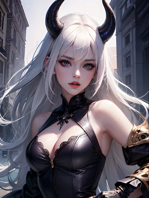 Offical Art, (Masterpiece, Best Quality), (Wallpaper), (8K, Best shadows, Dark Lightning) Demon Girl (Beautiful Face with Horn :1.2), Beautiful Face, Beautiful Dress (Extremely Detailed), White Hair, Look at Viewers, Intimidating Smile.