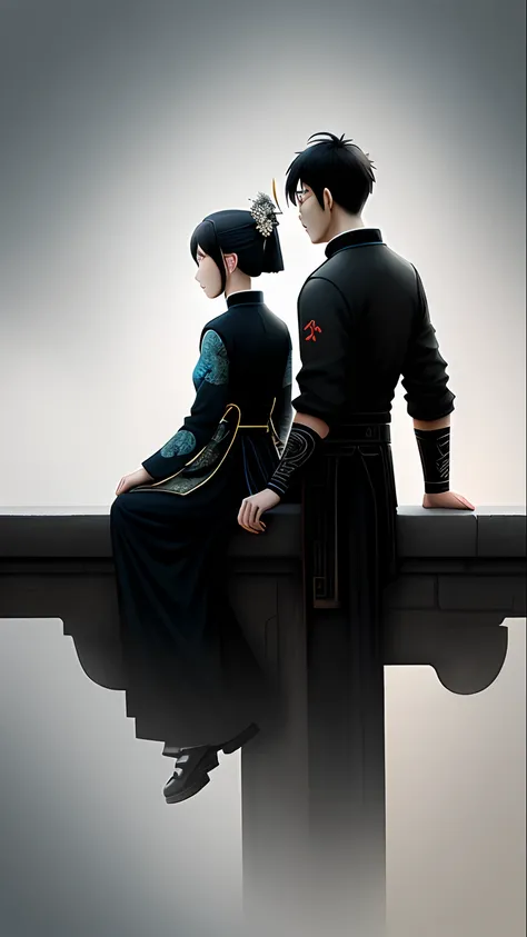 An ancient Chinese couple sitting on the magpie bridge, negative space, anime style