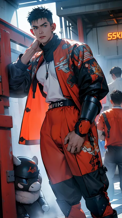 A tall muscular boy , Naked , Legs spread , （The whole body of the character），impact , Sweaty , Wet , Seductive , Bigboobs , large bulge , big balls , big assa，mechs，punky style，Naked boy，Wu Yifan，blue colors，Orange，Blackn clothes