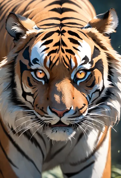 "Generate an ultra-high definition image capturing the regal essence of a tiger in a majestic pose. Utilize advanced aperture settings to achieve a shallow depth of field, focusing with precision on the tigers intense gaze and powerful presence while allow...