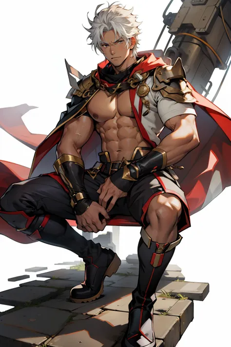 Highest image quality，male people，child，1 boy，Young and handsome，shoun，White color hair，Short flat top hair，Dark  skin，anime big breast，anime wallpaper，Solo，malefocus，Briefs，Dilation of the pectoral muscles，Red cape，Bulging crotch，Urban background，spread t...