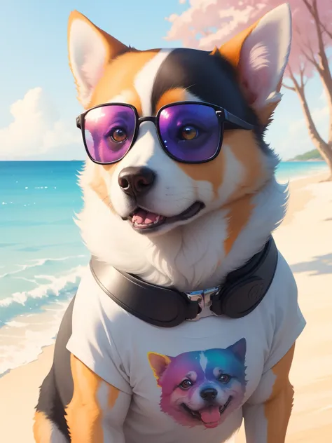 Dog wearing gradient sunglasses，T-shirt design， painted in bright water colors, animal drawing, vibrant watercolor painting, painting of cute dog， Stunning artwork, Surrealism with bright colors, plethora of colors，detail-rich, lovely digital painting, Ama...