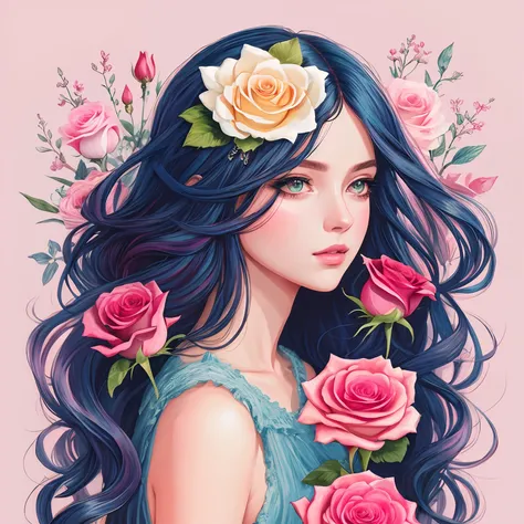 um desenho de uma mulher com longos cabelos azuis e rosas no cabelo, No estilo de arte Bowater, trending on artstration, rosas no cabelo, estilo de arte impressionante, in illustration style digital, Estilo de desenho bonito, a beautiful artwork illustrati...