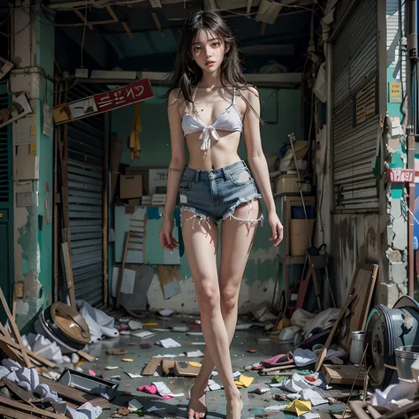 Highest image quality，best qualtiy，tmasterpiece，abandoned building，Garbage all over the ground 1.1，Dirty 1.1，18-year-old Korean beautiful girl，full-body portraits，Sexy standing pose，very beautiful long slim legs，The barefoot，NSFW，As thin as a whipping post...