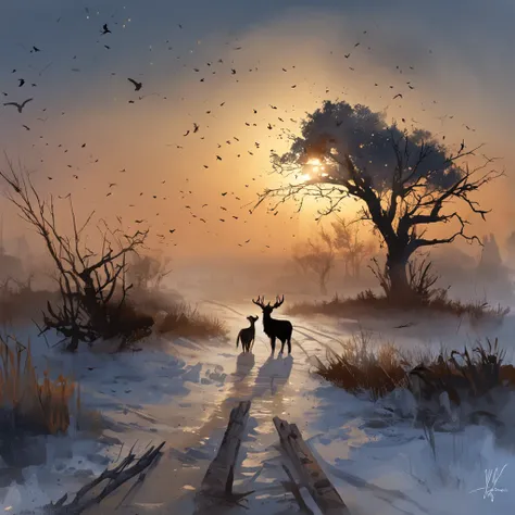 Two crows on a dead tree, A shadow shaped like a walker, Starry night, Thick fog on the ground, Blue light on the horizon, Unreal Engine 5, Cinematic, low angle photography, Motion blur, Depth of field, Dust, Cobblestones and dirt. Splash Art, dripping pai...