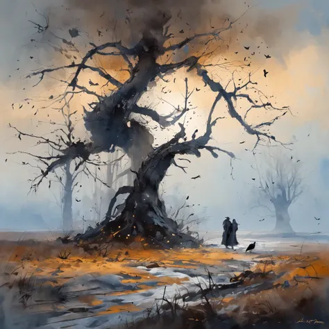 Two crows on a dead tree, A shadow shaped like a walker, Starry night, Thick fog on the ground, Blue light on the horizon, Unreal Engine 5, Cinematic, low angle photography, Motion blur, Depth of field, Dust, Cobblestones and dirt. Splash Art, dripping pai...