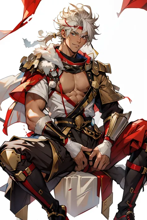 Highest image quality，male people，child，1 boy，Young and handsome，shoun，White color hair，Short flat top hair，Dark  skin，anime big breast，anime wallpaper，Solo，malefocus，Briefs，Dilation of the pectoral muscles，Red cape，Bulging crotch，Urban background，spread t...