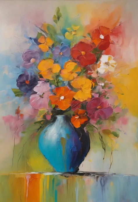 A blue vase filled with colorful flowers, bright and vivid.