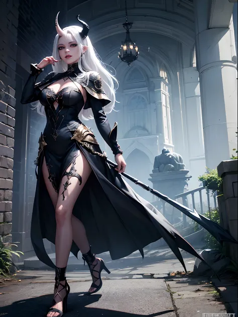 Offical Art, (Masterpiece, Best Quality), (Wallpaper), (8K, Best shadows, Dark Lightning), Fantasy Concept Art, Demon Girl (Beautiful Face with Horn :1.2), Beautiful Face, Beautiful Dress (Extremely Detailed), White Hair, Look at Viewers, Intimidating Smil...