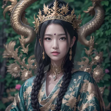 32k（tmasterpiece，k hd，hyper HD，32k）Realistic young gravure idol，Long flowing black hair，Gold jewelry area in the back room，King Girl ，Silver Dragon Protector （realisticlying：1.4），Python pattern robe，Purple-pink tiara，Snowflakes fluttering，The background is...