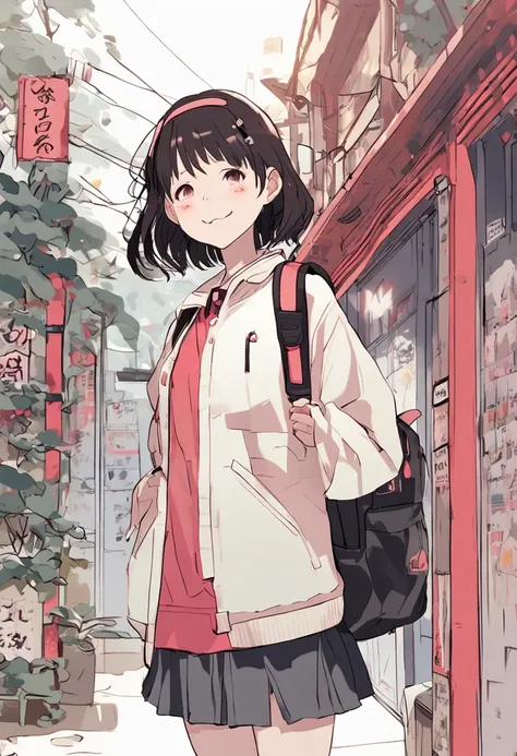 ６A cute girl with a smile about her age、Short-cut hair、Girl is wearing a red jacket、Girl is wearing a pink skirt、Semi-long skirt、Girl wears a white t-shirt with a round neck under a jacket、Carrying a black backpack、Kyoto animation style、児童書、illstration、Onl...