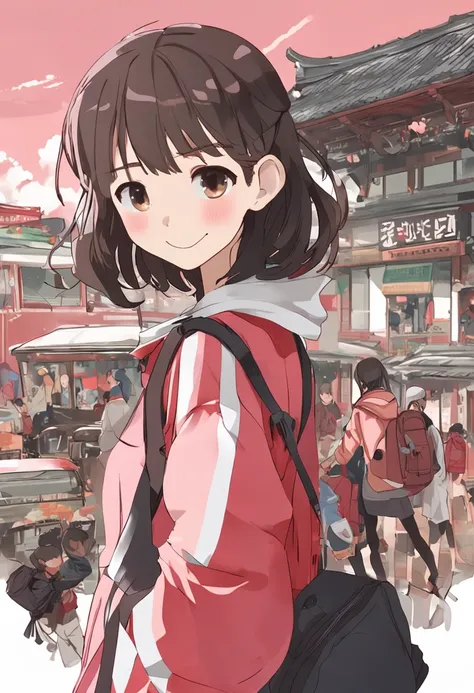 ６A cute girl with a smile about her age、Short-cut hair、Girl is wearing a red jacket、Girl is wearing a pink skirt、Semi-long skirt、Girl wears a white t-shirt with a round neck under a jacket、Carrying a black backpack、Kyoto animation style、児童書、illstration、Onl...