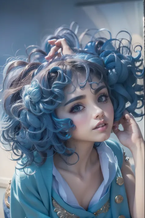 (La mejor calidad) (obra maestra ) Cara perfecta. kawaii & Siniestra princesa belleza joven en la ciudad de Los Angeles. (((Blue curly hair))) ((((nordin woman))))